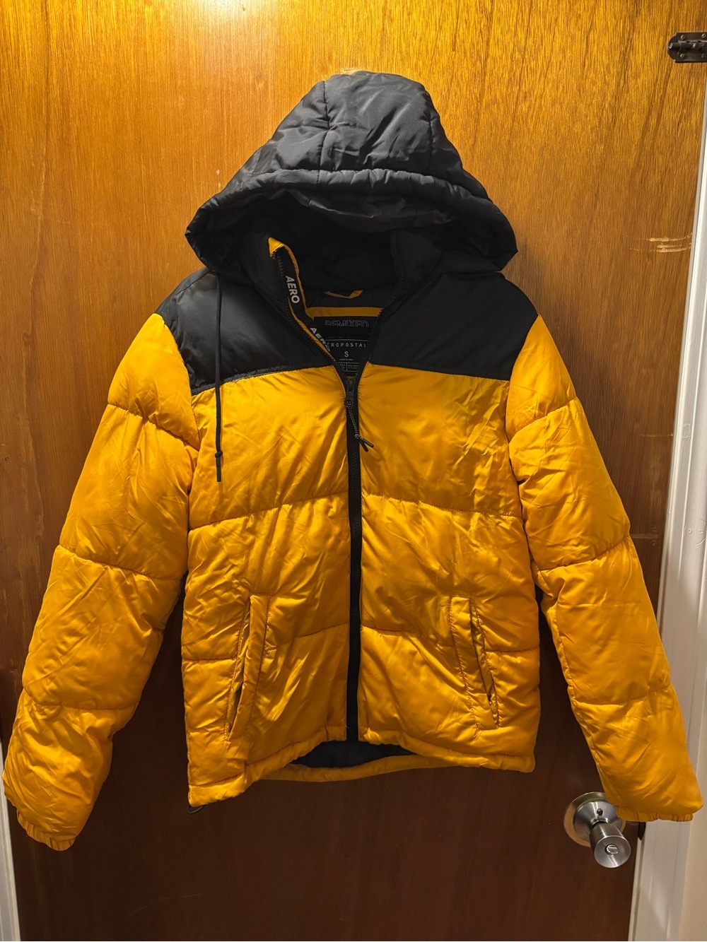 Aeropostale Hooded Colorblock Puffer Jacket in Yellow and Black